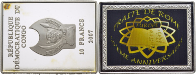 Конго 10 франков 2007 50 лет Римскому договору, прямоугольная, цветная эмаль серебро PROOF 1079-6-31