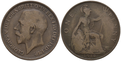 Великобритания 1 пенни 1918 Георг V (1910-1936) КМ 810, Spink 4051 бронза 4607-1215