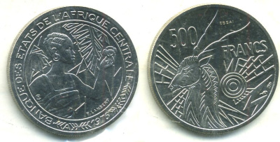 Центрально-Африканские штаты 500 франков 1976 пробник, ESSAI, Камерун, Е KM 12E никель UNC 5010-745
