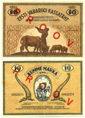 Эстония 10 марок 1919 PROOV, пробник Pick 46s бумага 451-255-2