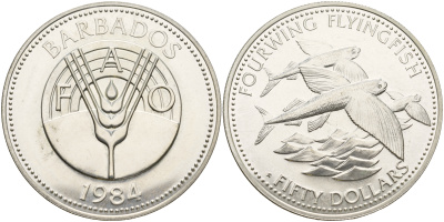 Барбадос 50 долларов 1984 FAO, крылатые рыбы, тираж 3600 экземпляров KM 42 серебро UNC 11-082-44