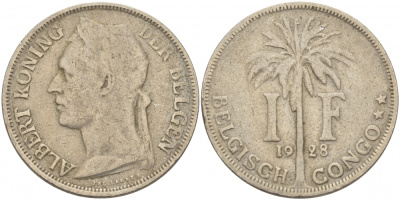 Бельгийское Конго 1 франк 1928 KM 21 медно-никель 175-1016