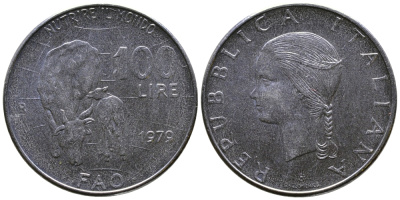 Италия 100 лир 1979 R, FAO, корова с теленком KM 106 нержавеющая сталь 3333-845