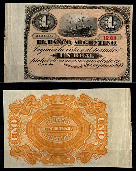 Аргентина 1 реал 1873 корабль Pick S1478 бумага 451-1100-2