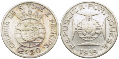 Португальское Сан-Томе и Принсипи 2,5 эскудо 1939 первый год KM 5 серебро 413-2025