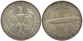 Германия 3 марки 1930 G, полет дирижабля граф Цеппелин J. 342, KM 67 серебро UNC 00-814-59