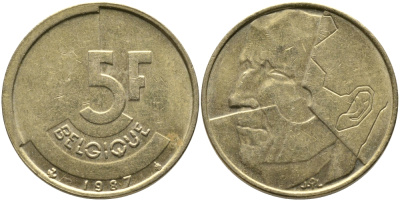БЕЛЬГИЯ 5 ФРАНКОВ 1987 BELGIQUE KM 163 латунь или алюминиевая бронза 65-1151