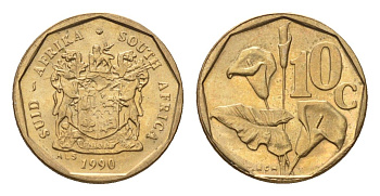 ЮАР 10 центов 1990 герб, цветок алоэ KM 135 сталь плакированная бронзой UNC 4694-636