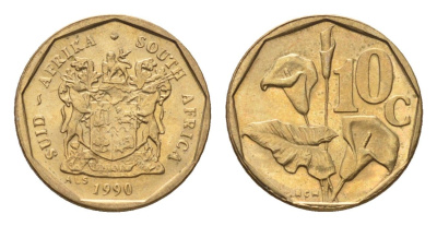 ЮАР 10 центов 1990 герб, цветок алоэ KM 135 сталь плакированная бронзой UNC 4694-636