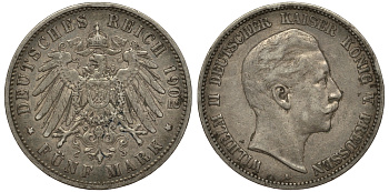 Пруссия 5 марок 1902 Вильгельм II (1888-1918) KM 523, J.104 серебро    413-5023