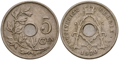 Бельгия 5 сантимов 1920 Король Альберт I (1910 - 1934) KM 67 медно-никель 39-1142