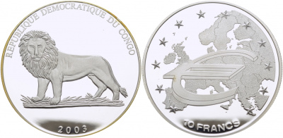 Конго 10 франков 2003 Евросоюз Schoon 177 серебро PROOF 1077-3-22