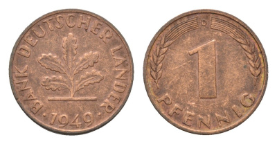 ФРГ 1 пфенниг 1949 D KM A101, J. 376 сталь плакированная медью 4685-338
