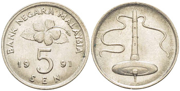 МАЛАЙЗИЯ 5 СЕН 1991 KM 50 медно-никель 4516-751
