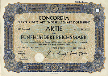 Германия 500 рейхсмарок 1934 АО Электрическая компания Конкордия, Дортмунд, акция   бумага 8803-27-1