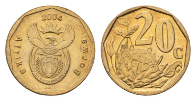 ЮАР 20 центов 2004 герб, цветок протея KM 328 сталь плакированная бронзой UNC 4687-557