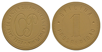 Чили, Благосостояние (Prosperidad), Токо (Toco) шахтерский жетон с Селитряного рудника для покупки в местных магазинах, номиналом в 1 песо 1880-1920 диаметр 40,5 мм, вес 4,73 гр Espinosa 237.6 эбонит (охра) 01-238-24