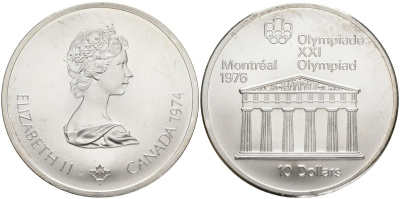 Канада 10 долларов 1974 XXI летние Олимпийские игры в Монреале 1976 года, храм Зевса KM 94 серебро UNC 1525-425