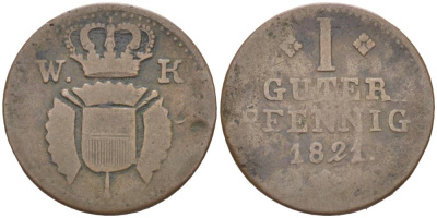 Шаумбург-Гессен 1 пфенниг 1821 Вильгельм Гессен-Кассельский (1785-1821) KM 4a, Jaeger 23, AKS 32 медь 4532-1244