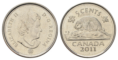 Канада 5 центов 2011 Leaf, Елизавета II (1952-2022), бобр KM 491 сталь плакированная никелем 4689-526