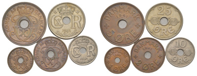 Фарерские острова лот из 5 монет (1, 2, 5, 10 и 25 эре) 1941 KM 1, 2, 3, 4 и 5 1526-1011-1015