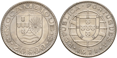 Португальский Мозамбик 20 эскудо 1971 KM 87 никель UNC 3897-1124