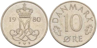 Дания 10 эре 1980 Маргрете II (1972-2024) KM 860.2 медно-никель 4387-1225