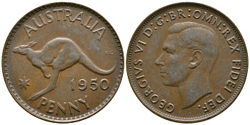 Австралия 1 пенни 1950 m, Георг VI (1936-1952), кенгуру KM 43 бронза 4683-713