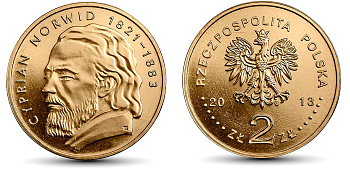 Польша 2 злотых 2013 MW, Циприан Камиль Норвид KM 856 нордик UNC 4676-945