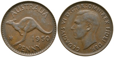 Австралия 1 пенни 1950 m, Георг VI (1936-1952), кенгуру KM 43 бронза 4683-713