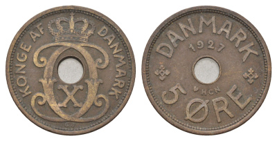 Дания 5 эре 1927 NCH, Кристиан X (1912-1947) KM 828 бронза 4700-753