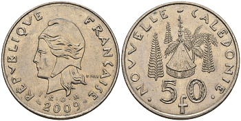 Французская Новая Каледония 50 франков 2009 хижина среди сосен и пальм, (IEOM) KM 13a, Schoen 15a, Lec 128i медно-никель 4111-612