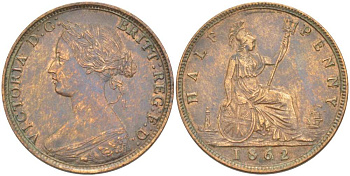 Великобритания 1/2 пенни 1862 Виктория (1837-1901) KM 748.2, Spink 3956 бронза 1518-1412