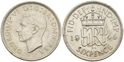 Великобритания 6 пенсов 1944 Георг VI (1936-1952) KM 852, Spink 4084 серебро    4602-628
