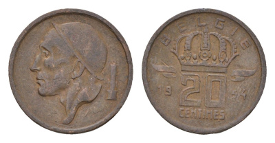 Бельгия 20 сантимов 1954 Belgie, Бодуэн I (1951-1993) KM 147.1 бронза 4674-416