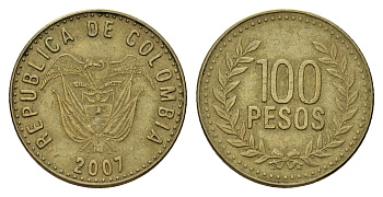 Колумбия 100 песо 2007 KM 285 латунь 4519-657