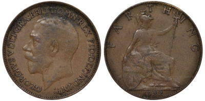Великобритания 1 фартинг 1922 Георг V (1910-1936) KM 808.2, Spink 4060 бронза 4128-911