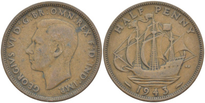 Великобритания 1/2 пенни 1943 Георг VI (1936-1952) KM 844, Spink 4115 бронза 34-345