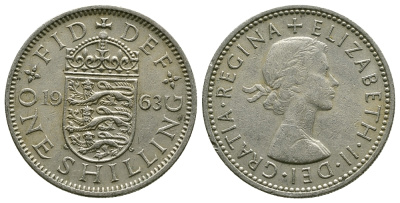 Великобритания 1 шиллинг 1963 Елизавета II (1952-2022), Английский герб KM 904, Spink 4147 медно-никель 4384-516