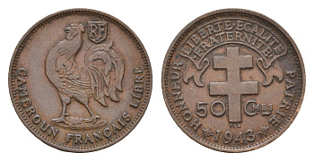 Камерун 50 сантимов 1943 CAMEROUN FRANÇAIS LIBRE, год-тип KM 6 бронза 1518-1741