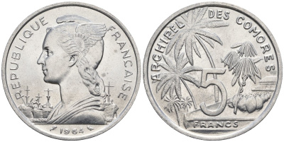 Французские Коморские острова 5 франков 1964 пальмы KM 6 алюминий UNC 221-825