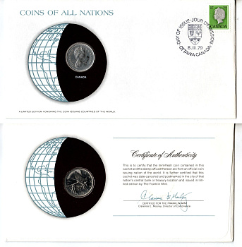 Канада 25 центов 1979 конверт с маркой первого дня гашения, Coins of Nations KM 74 никель UNC 4295-21-2