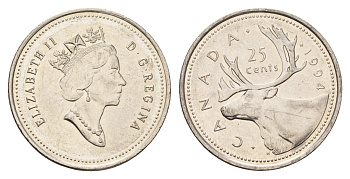 Канада 25 центов 1994 Елизавета II (1952-2022), олень KM 184 никель 4688-533