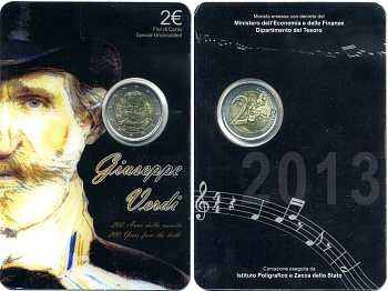Италия 2 евро 2013 200 лет со дня рождения Джузеппе Верди, запайка, пластик, буклет KM 357 биметалл BUNC 3-4-8-50