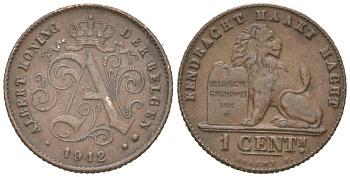 Бельгия 1 сантим 1912 DER BELGEN, Альберт I (1909-1934) KM 77 медь 4617-523