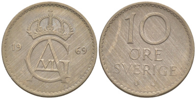 Швеция 10 эре 1969 Густав VI Адольф (1950-1973) KM 835 медно-никель UNC 187-822