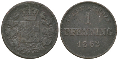 Бавария 1 пфенниг 1862 Максимилиан II (1848-1864) AKS 161, Jaeger 91 медь 4576-868