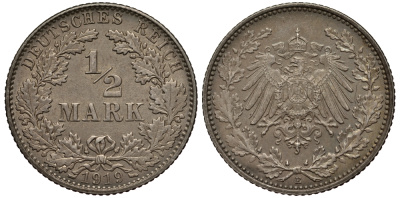 Германия 1/2 марки 1919 E J. 16, KM 17 серебро UNC 413-2834
