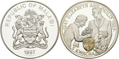 Малави 5 квача 1997 50 лет (золотая) свадьба Елизаветы и Филиппа, позолота KM 41 серебро PROOF 04-138-21