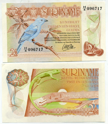 Суринам 2 1/2 гульдена 1985 голубая танагра, дамба Pick 119 a бумага UNC (пресс) 6266-25-3-2